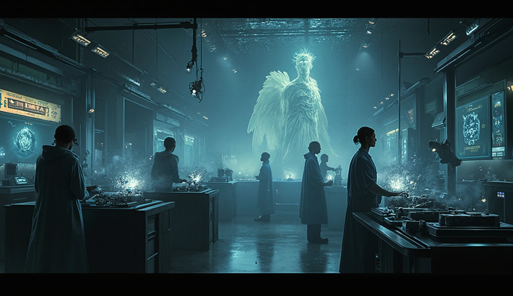 Laboratório moderno com cientistas manipulando DNA, enquanto sombras angelicais observam ao fundo